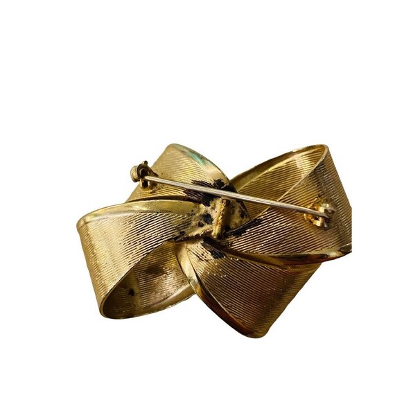 Goldtone Bow Textured Chevron Texture Brooch Pin Dimensional 1.8" - Picture 11 of 14